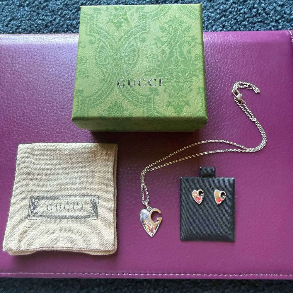 GUCCI Silver Heart G Necklace 16” and Silver Heart G Earrings Set